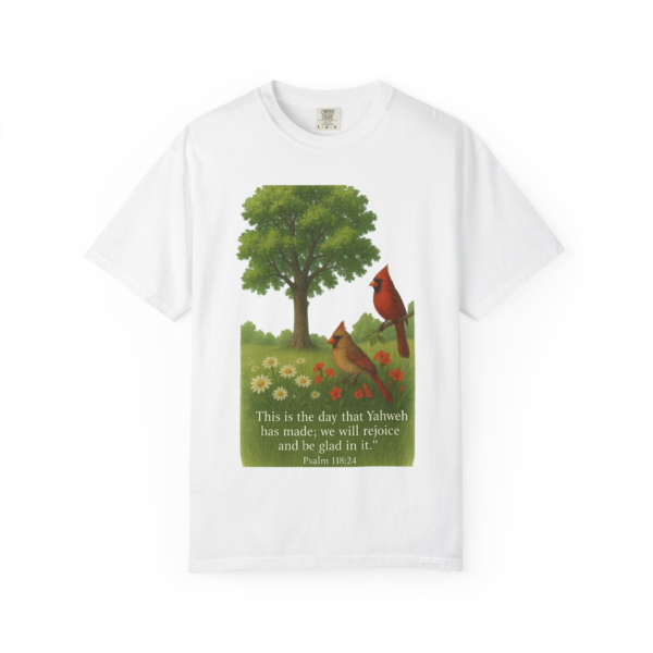 Psalm 118:24 T-Shirt Nature Scene with Cardinals This Is the Day Bible Verse Tee, Unisex Nature Tee, Inspirational Comfortable Casual Wear