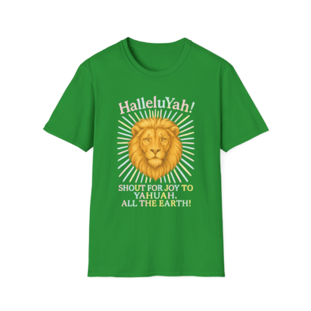 HalleluYah Shout for Joy to Yahuah T-shirt with lion artwork and praise worship design.