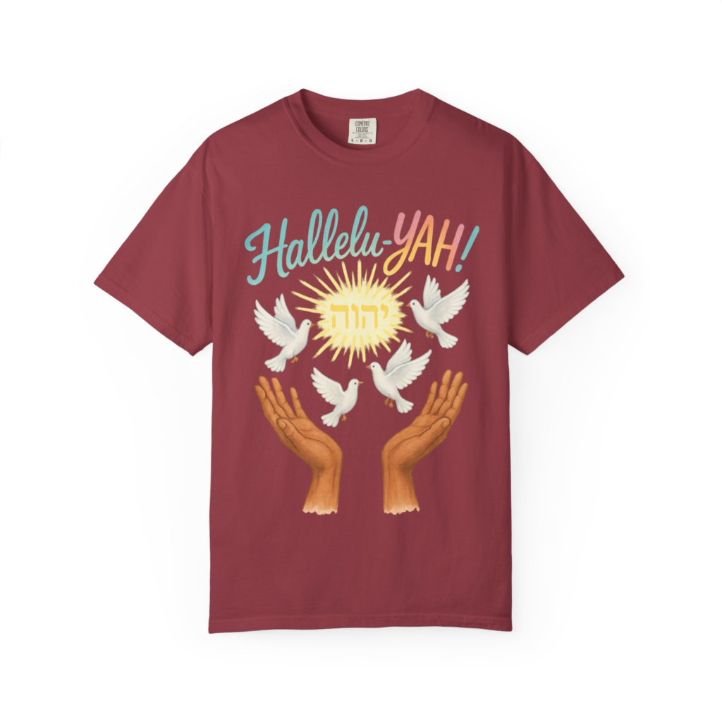 HalleluYah praise worship T-shirt with raised hands, doves, and Hebrew Yahuah artwork.