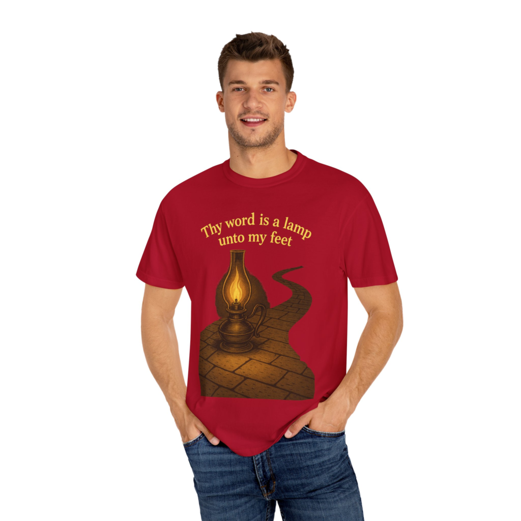 Thy Word Is a Lamp Unto My Feet T-shirt with lantern and pathway artwork inspired by Psalm 119.
