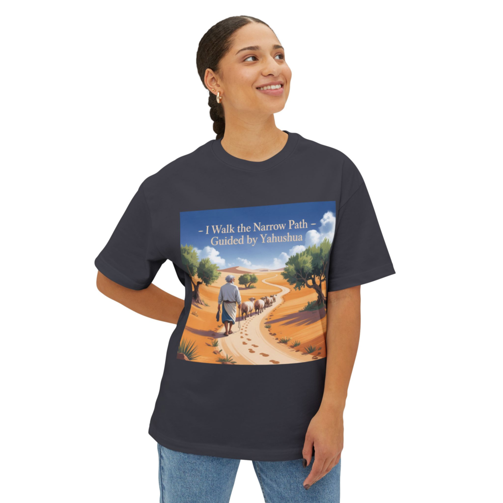 I Walk the Narrow Path Guided by Yahusha T-shirt with peaceful faith journey artwork.