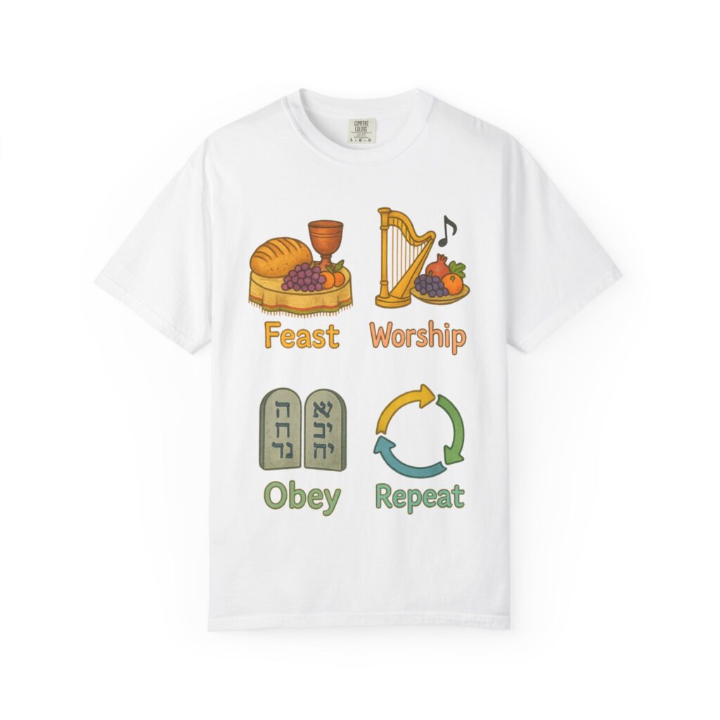 Music worship T-shirt with gold cup, harp, and music note design for faith-based gatherings.
