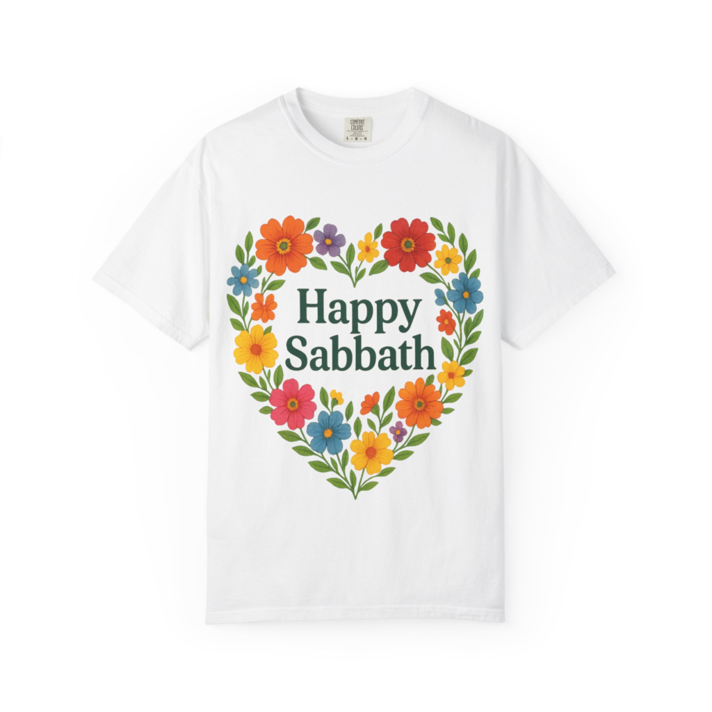 Sabbath floral heart T-shirt with Shalom blooming flowers design for Shabbat rest and fellowship.
