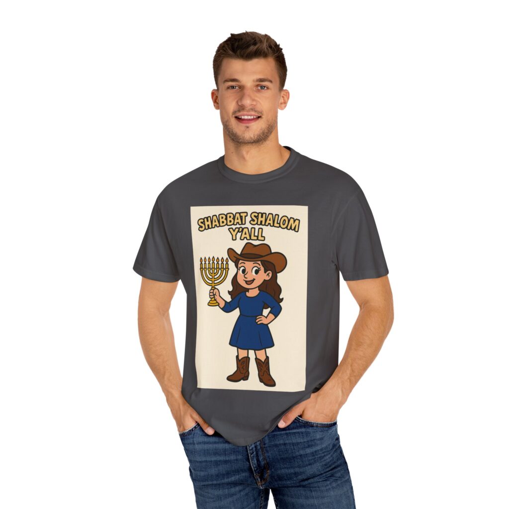 Cowgirl Shabbat Shalom Y’all T-shirt with western Sabbath design and cowboy boots.