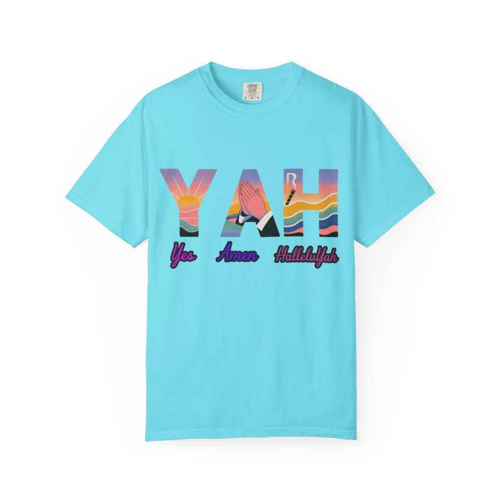 YAH Yes Amen HalleluYah T-shirt with colorful praise and worship graphic design.