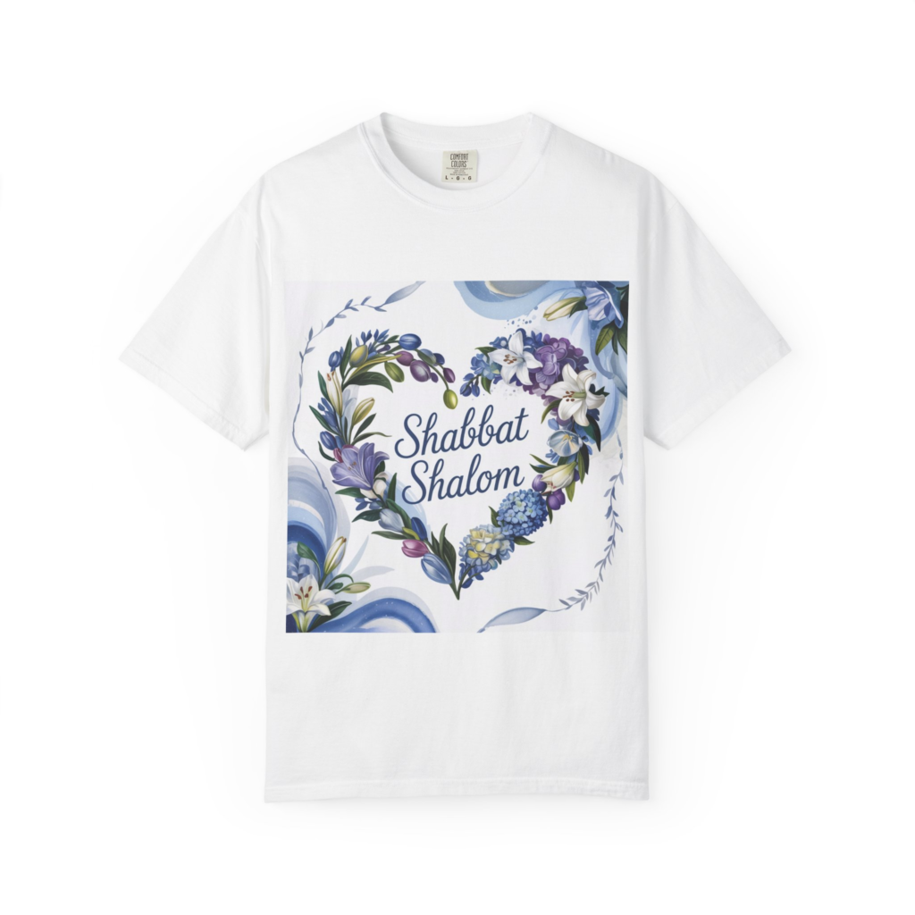 Shabbat Shalom blue floral heart T-shirt for Sabbath peace, fellowship, and Shabbat gatherings.
