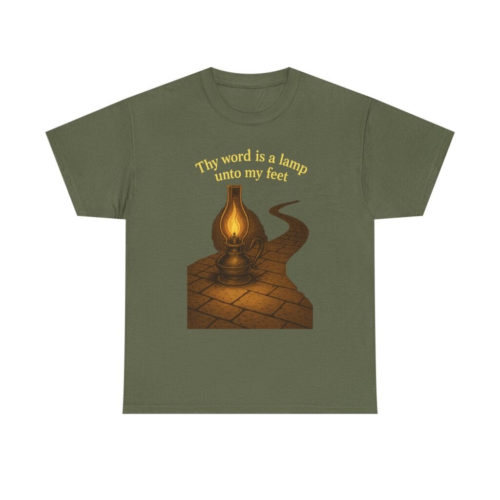 Thy Word Is a Lamp Unto My Feet T-shirt with lantern and pathway artwork inspired by Psalm 119.