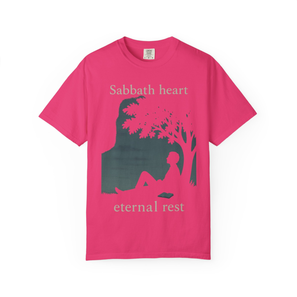 Sabbath Heart Eternal Rest T-shirt with peaceful tree, sitting silhouette, and open book artwork.