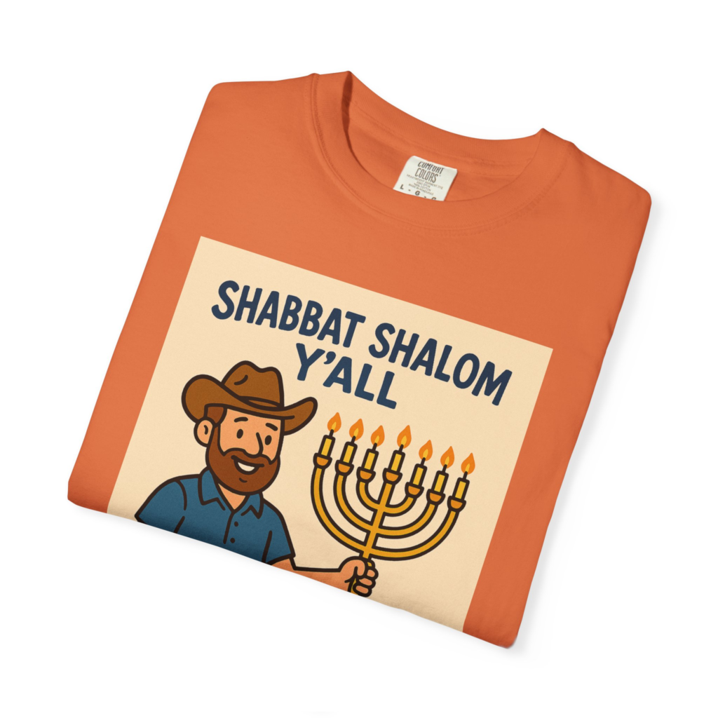 Cowboy Shabbat Shalom menorah T-shirt with western Sabbath design for Shabbat gifts.