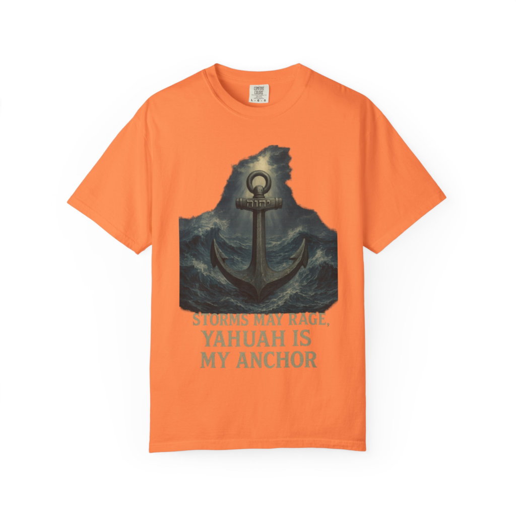 Yahuah Is My Anchor in the Storm T-shirt with nautical anchor and storm artwork.