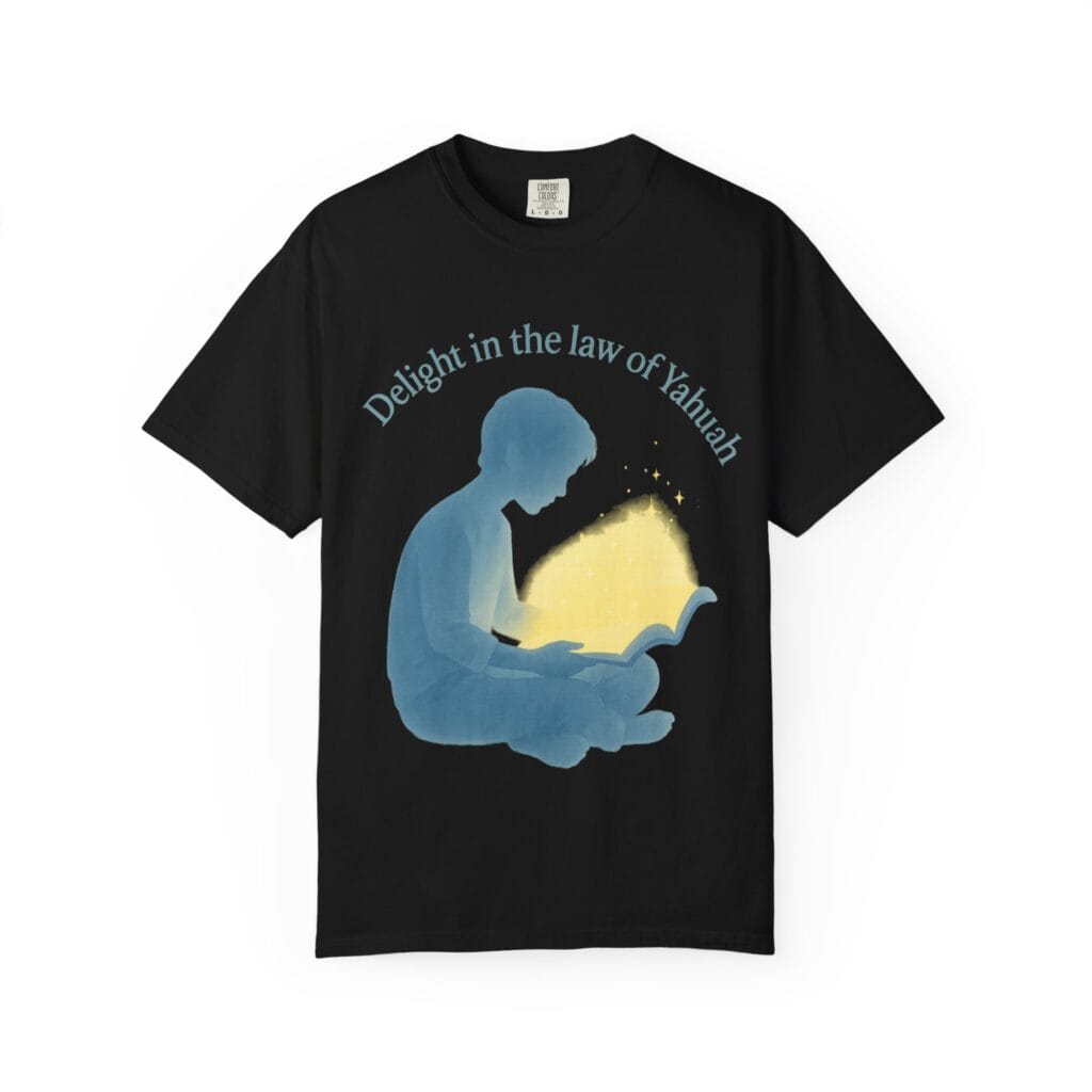 Delight in the Law of Yahuah T-shirt with child reading glowing Torah book artwork.