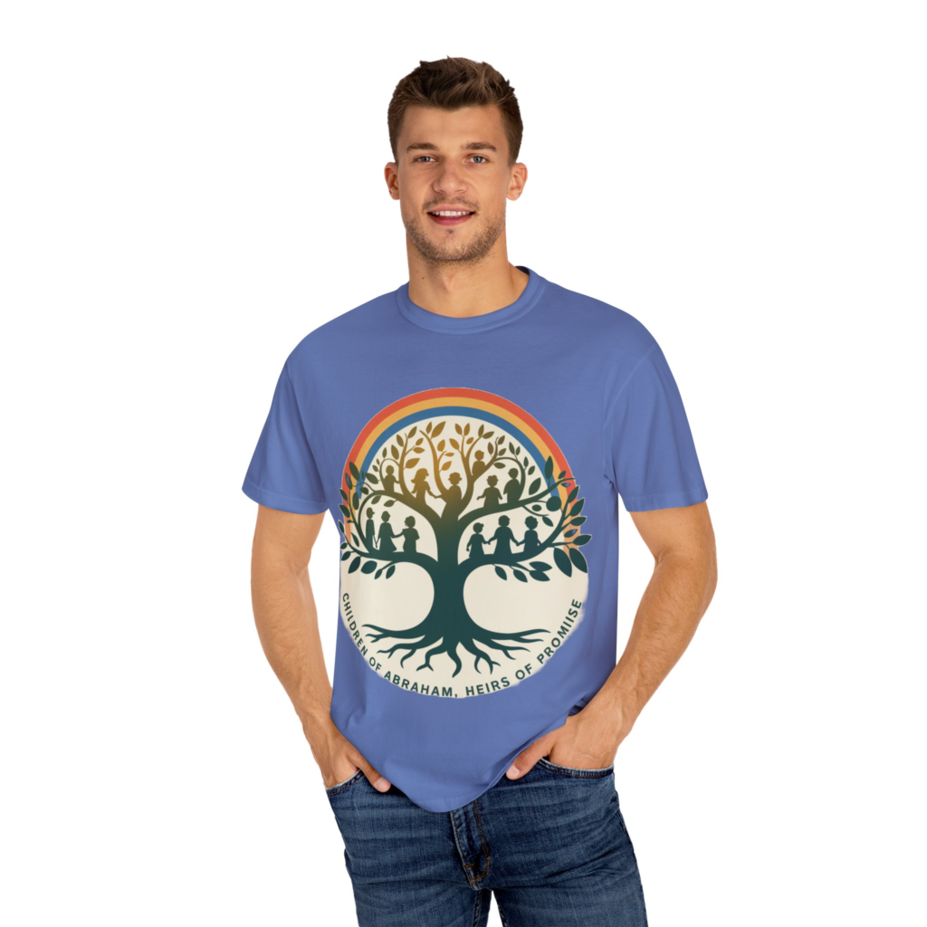 Tree of Life Children of Abraham T-shirt with family tree artwork and Heirs of Promise message.