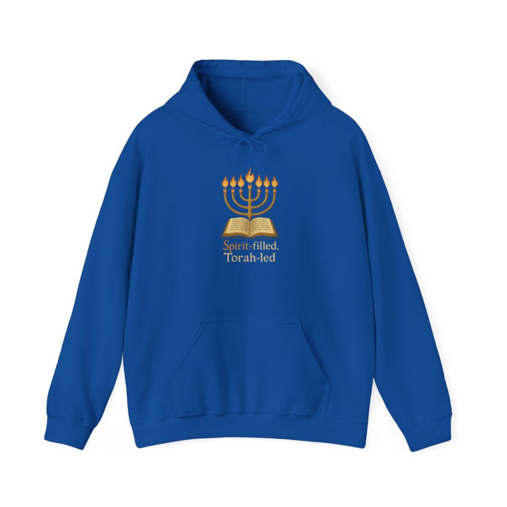 Spirit-Filled Torah-Led hoodie with seven-branch menorah and open scroll artwork.