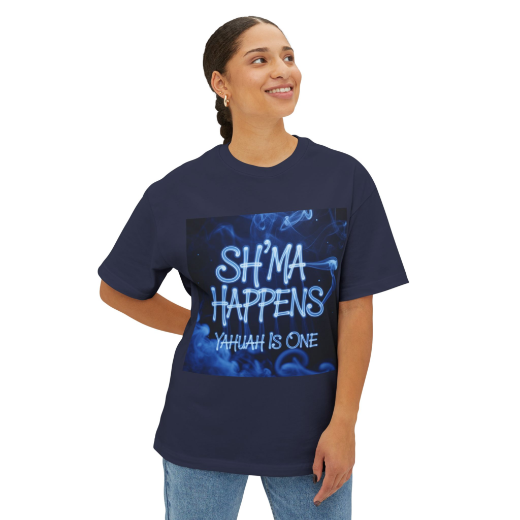 Shema Happens Yahuah Is One T-shirt with bold blue Scripture-inspired humor design.