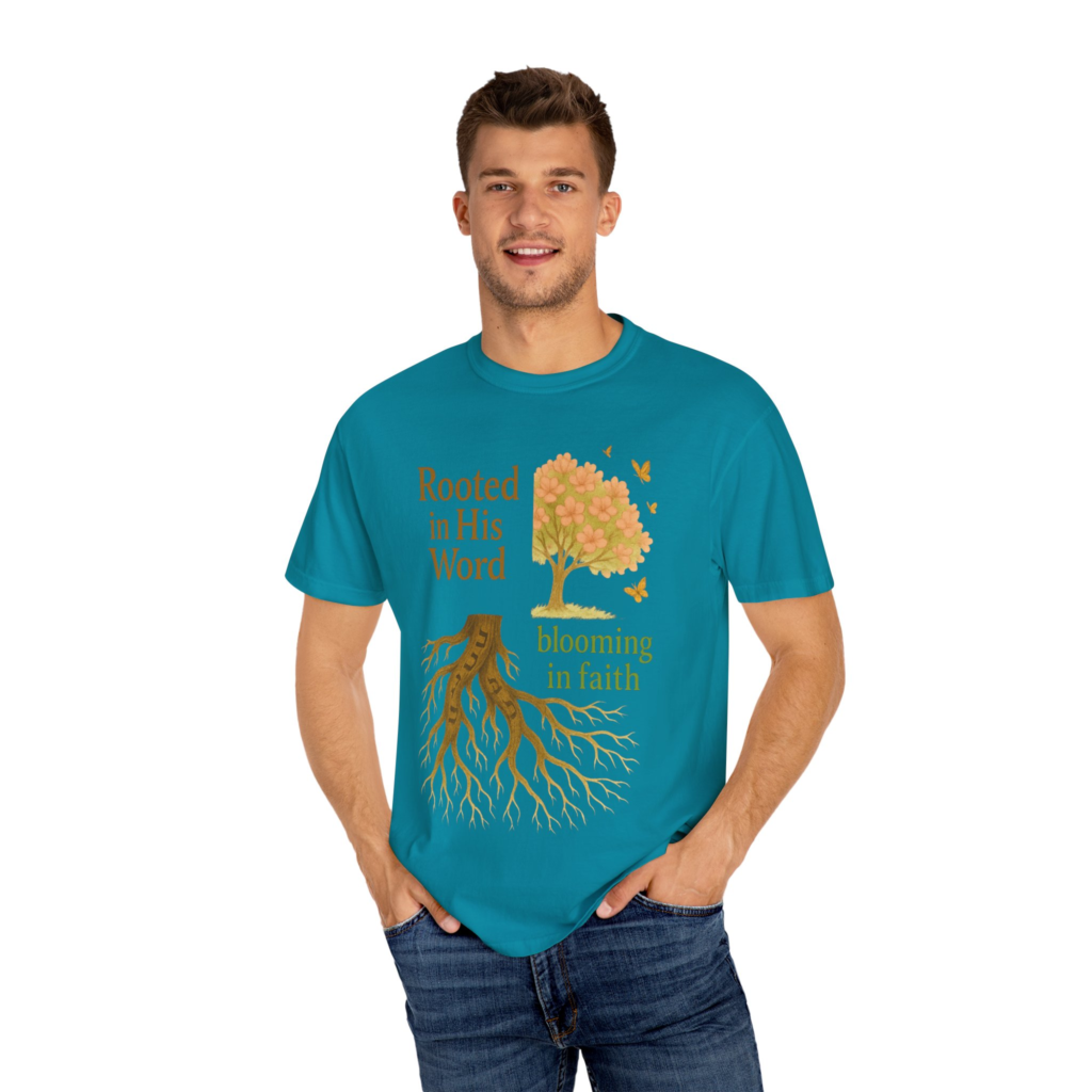 Rooted in His Word Blooming in Faith T-shirt with tree roots, blooming branches, and faith-inspired artwork.