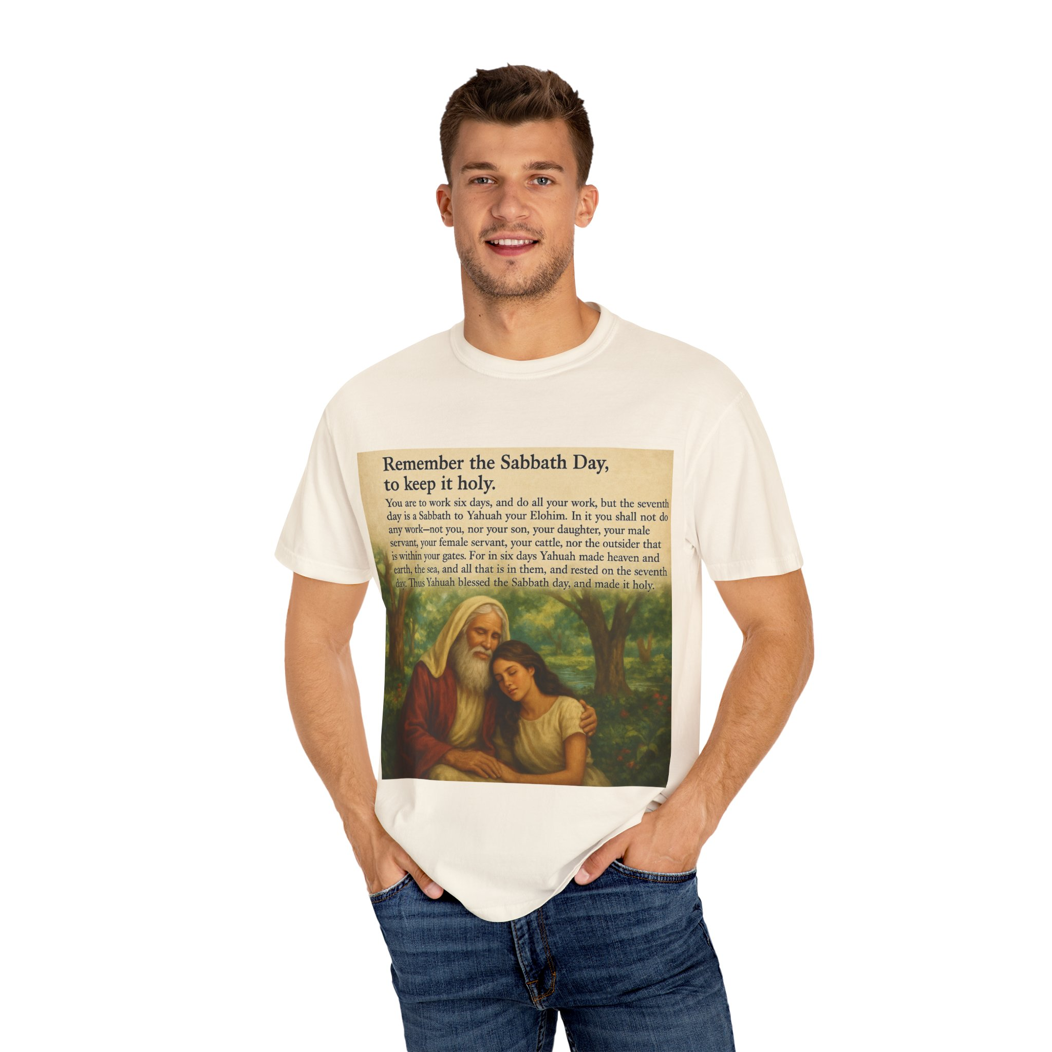 Religious Unisex T-shirt, God and Eve in Garden, Fourth Commandment, Remember the Sabbath Day - Image 24