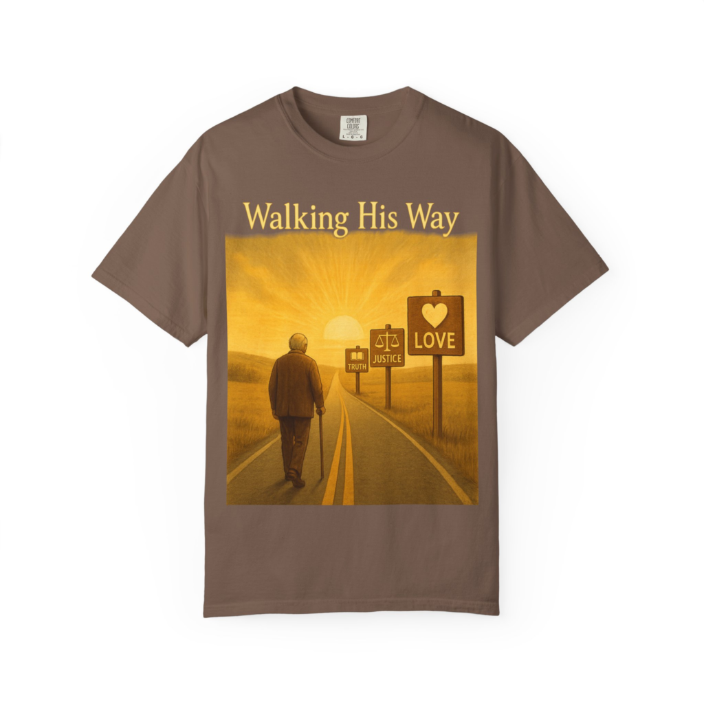 Walking His Way Torah T-shirt with road artwork showing truth, justice, and love signs.