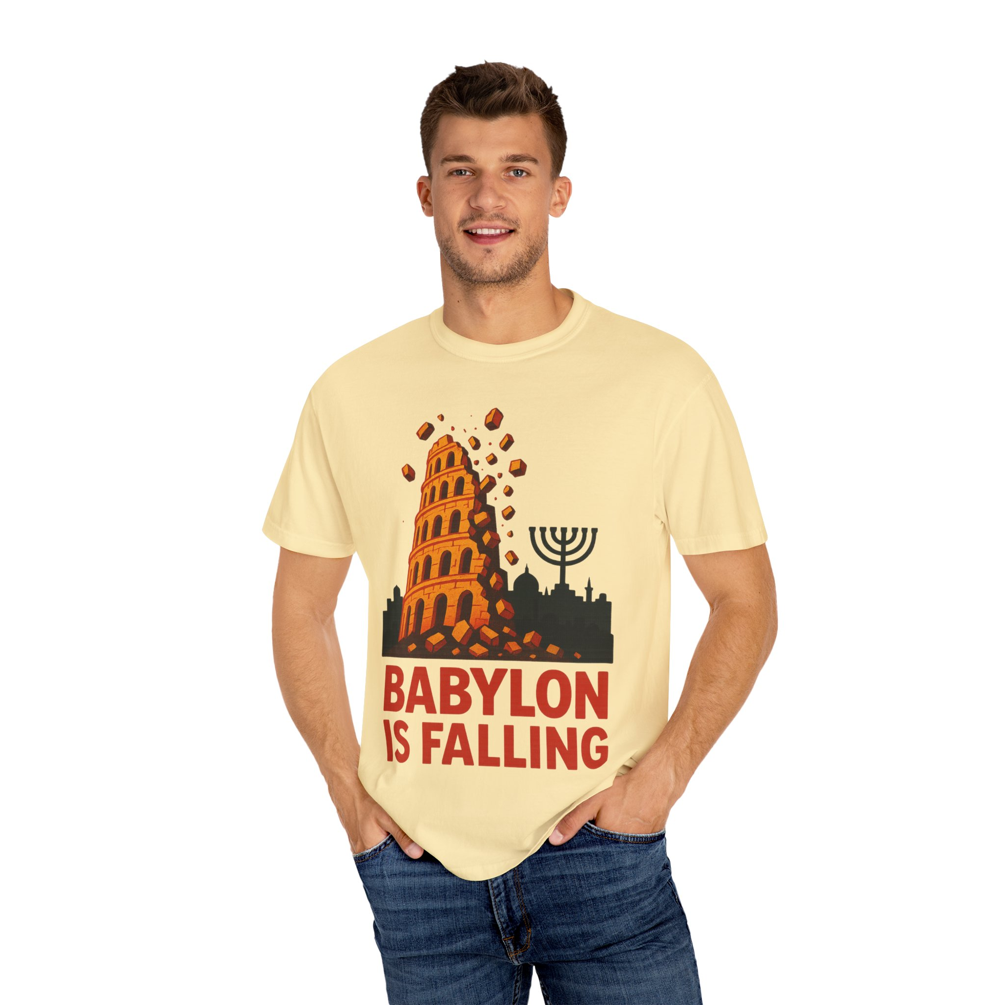 Babylon Is Falling Shirt | Tower of Babel Prophecy Tee | Hebrew Roots Faith T-Shirt | Jerusalem Stands Firm Graphic TopUnisex Garment-Dyed T-shirt - Image 4