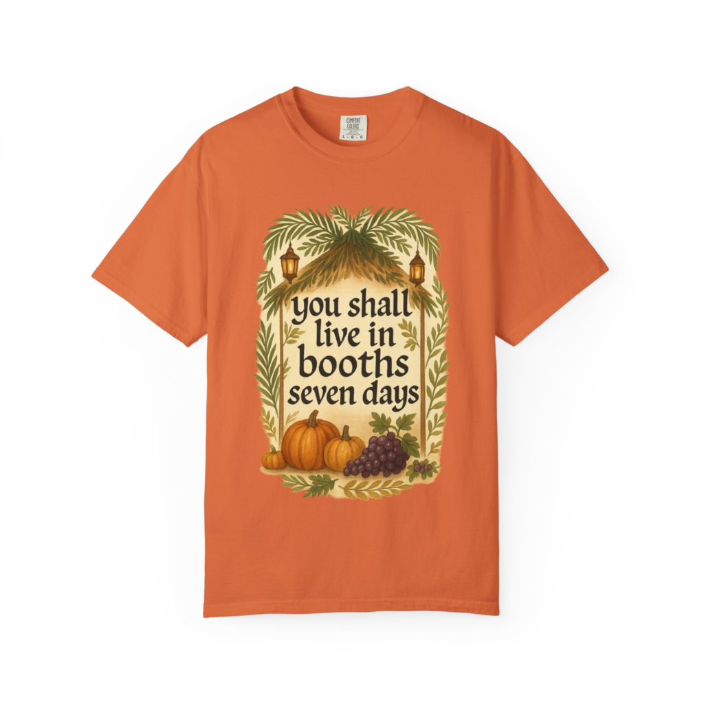 Chag Sukkot Sameach pilgrimage shirt with Jerusalem path harvest festival design for Sukkot.