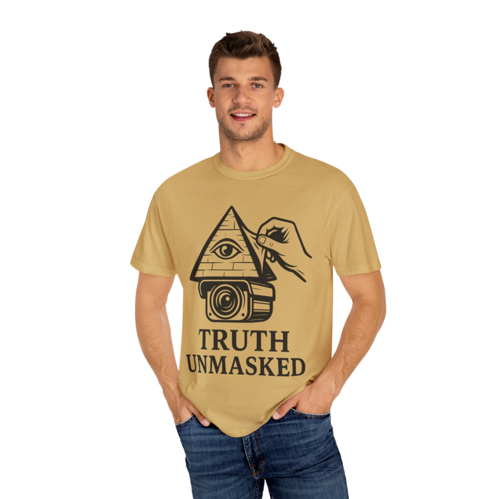 Truth Unmasked T-shirt with eye, mask, and awakening-style artwork about discernment and truth.