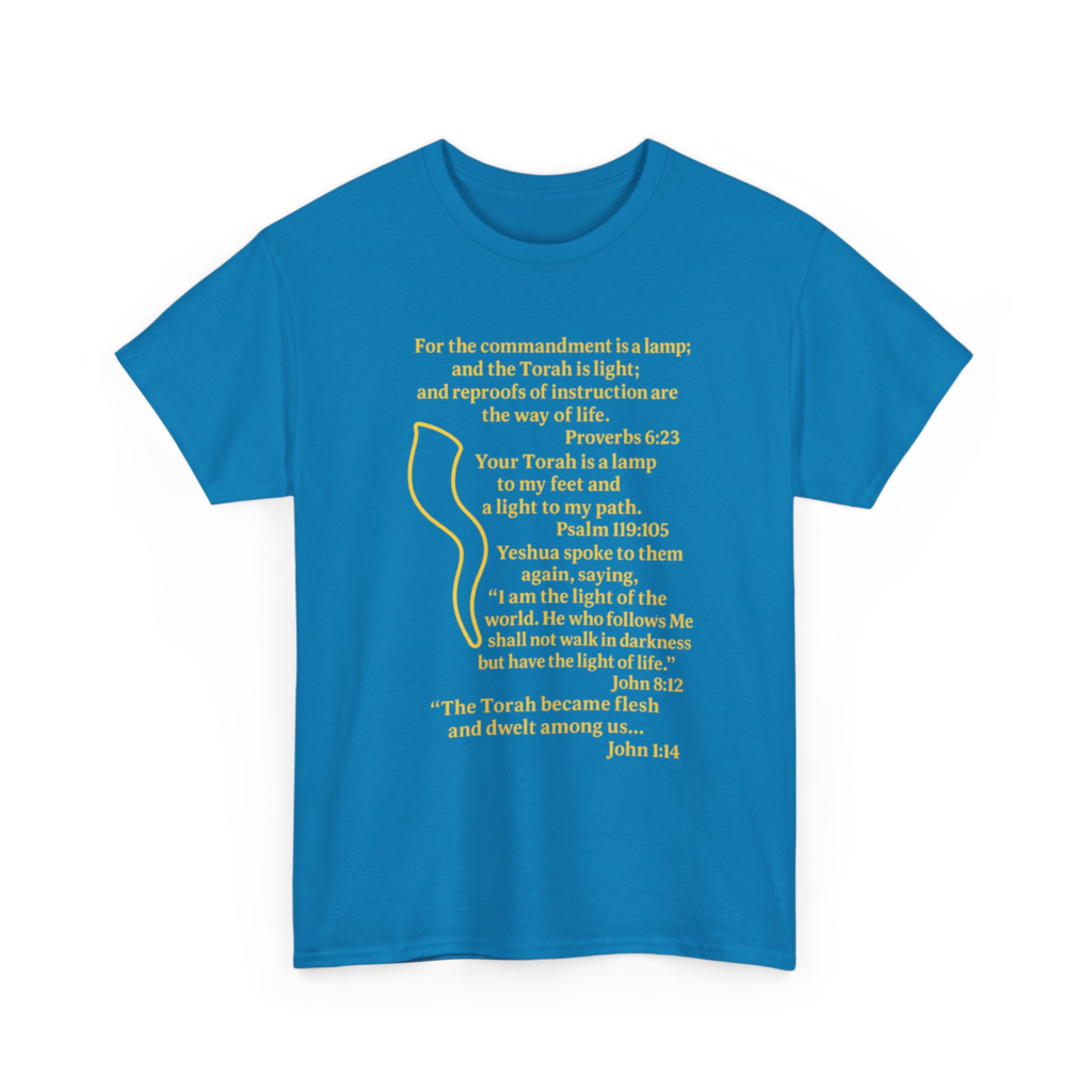 Torah Is Light Scripture T-shirt with lamp outline and verses from Proverbs, Psalms, and John about the Word as light.