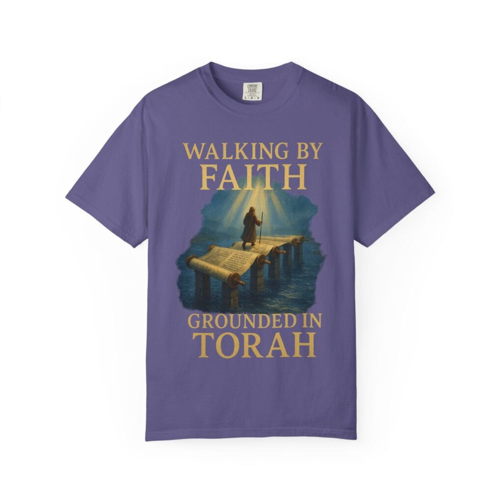 Walking by Faith Grounded in Torah T-shirt with Torah scroll bridge artwork and faith journey design.