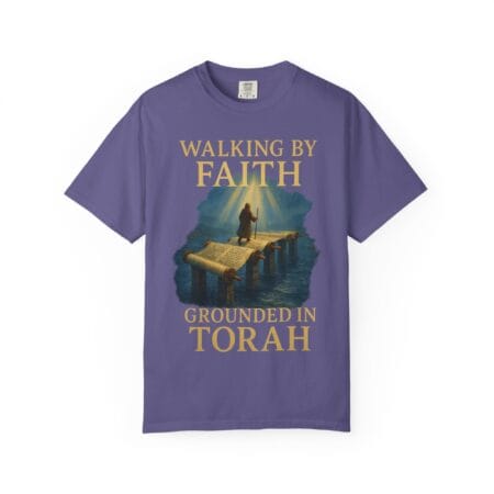 Walking by Faith Grounded in Torah T-shirt with Torah scroll bridge artwork and faith journey design.