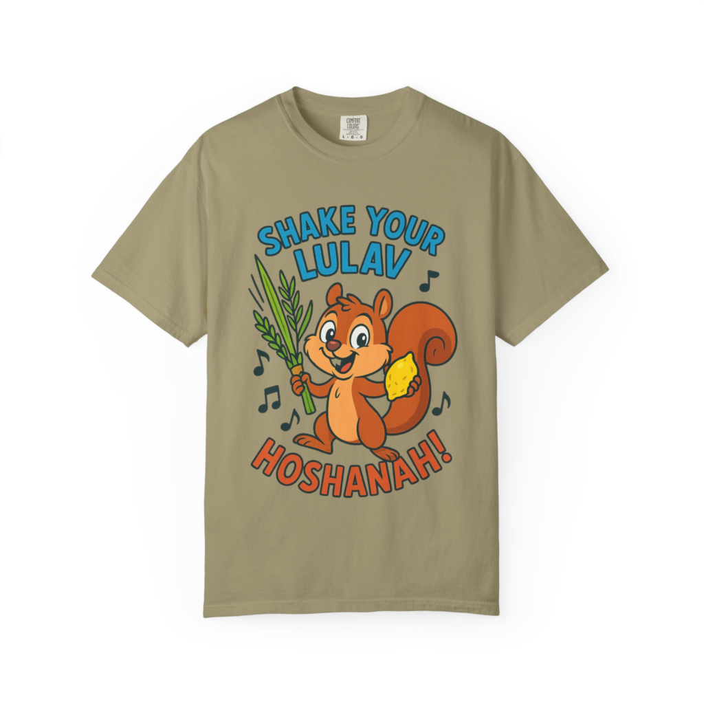 Shake Your Lulav funny Sukkot T-shirt with cartoon lulav design for Feast of Tabernacles.