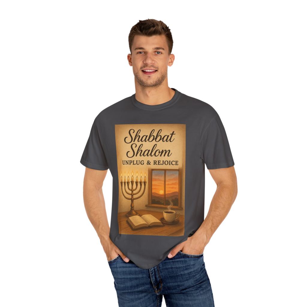 Shabbat Shalom Unplug and Rejoice T-shirt with peaceful sunset Sabbath art for Shabbat rest.