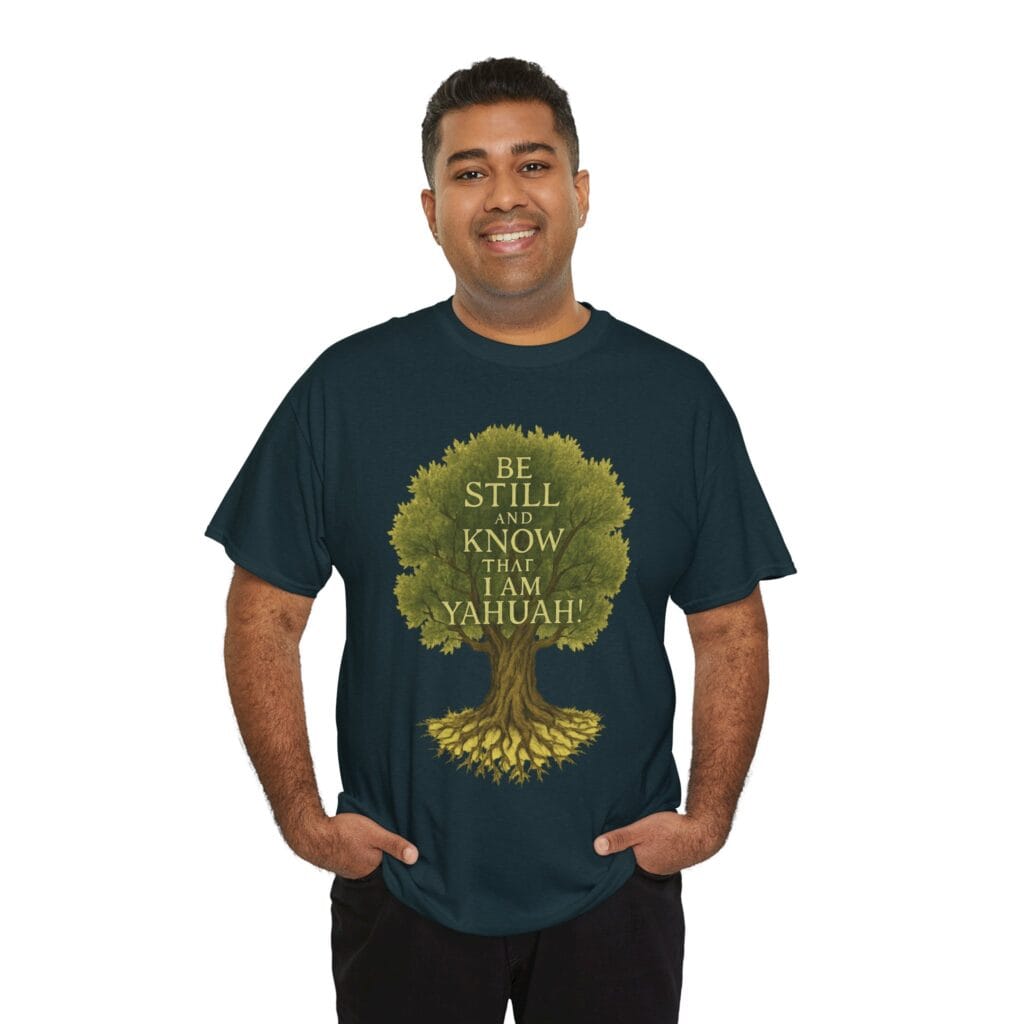 Be Still and Know That I Am Yahuah T-shirt with rooted tree artwork inspired by Psalm 46.