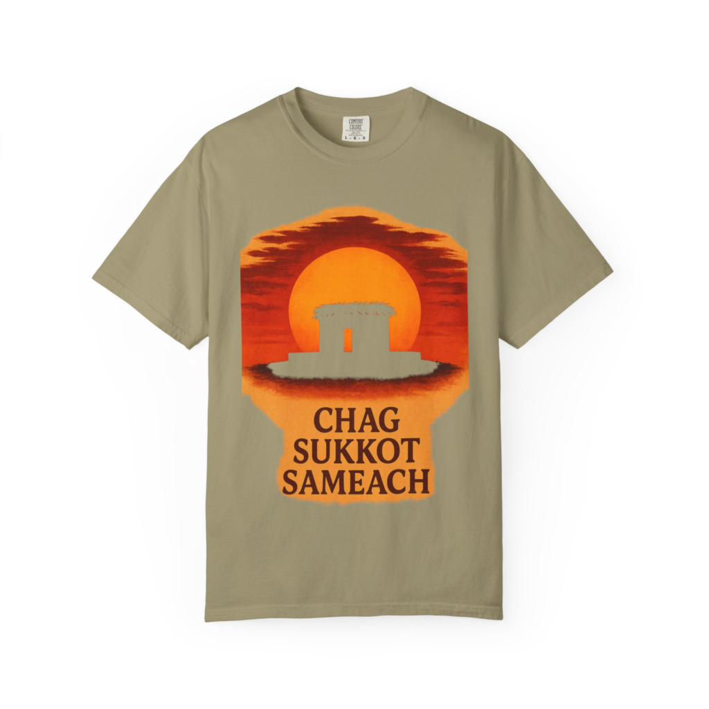 Chag Sukkot Sameach T-shirt with sunset tabernacles design for Feast of Tabernacles celebration.