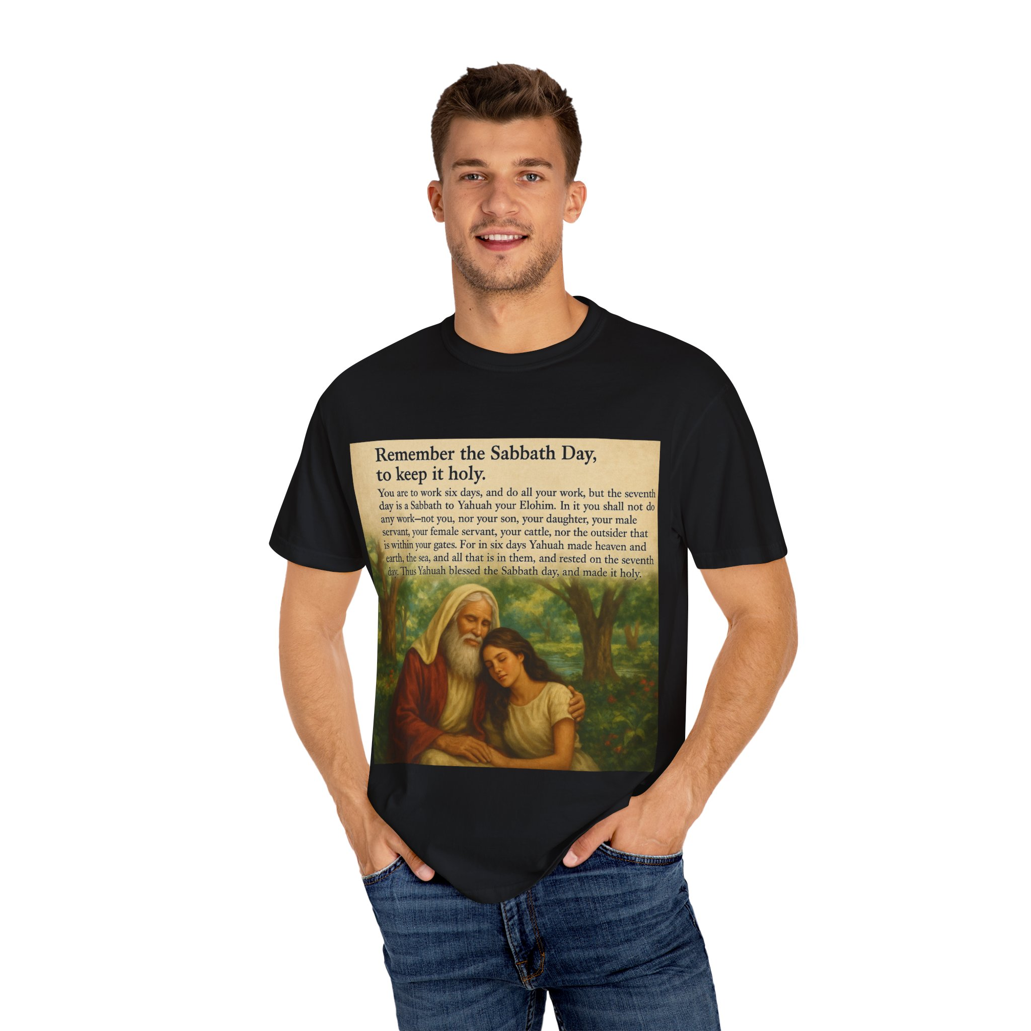 Religious Unisex T-shirt, God and Eve in Garden, Fourth Commandment, Remember the Sabbath Day - Image 56