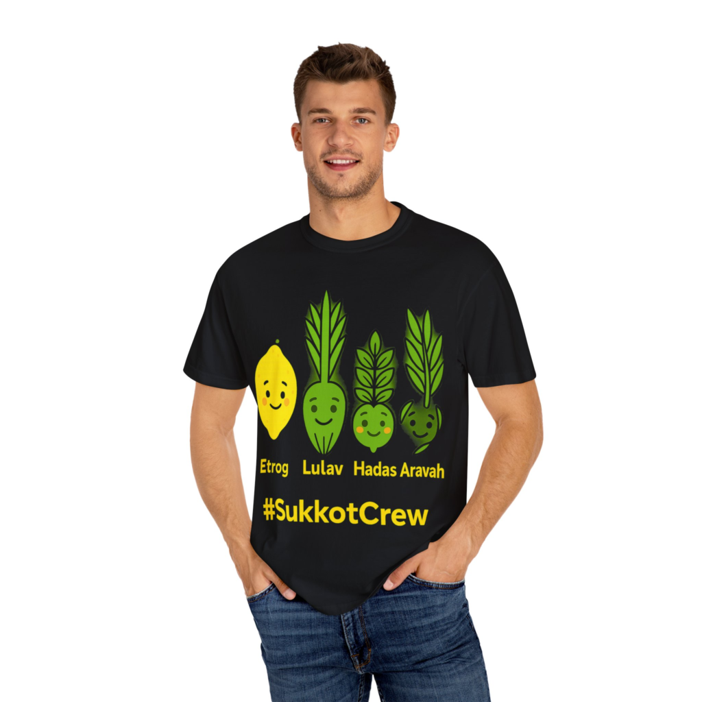 Four Species Sukkot shirt with cute etrog, lulav, hadas, and aravah emoji design.