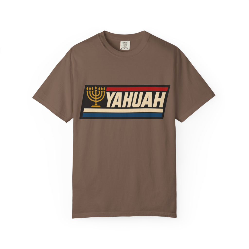 Yahuah Menorah Parody T-shirt with retro action-style banner design and seven-branch menorah artwork.