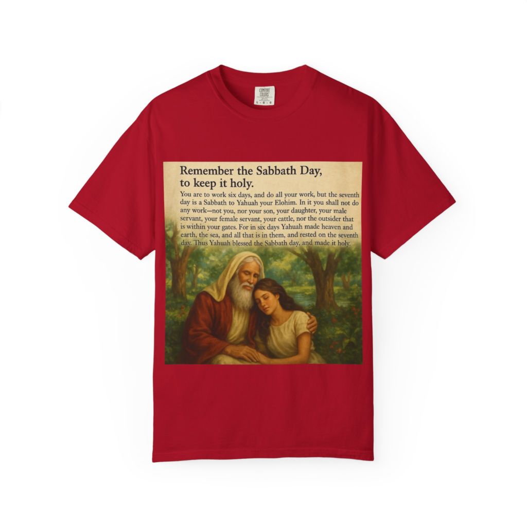 Remember the Sabbath Day T-shirt with Exodus 20:8–11 Scripture text and peaceful Sabbath artwork.