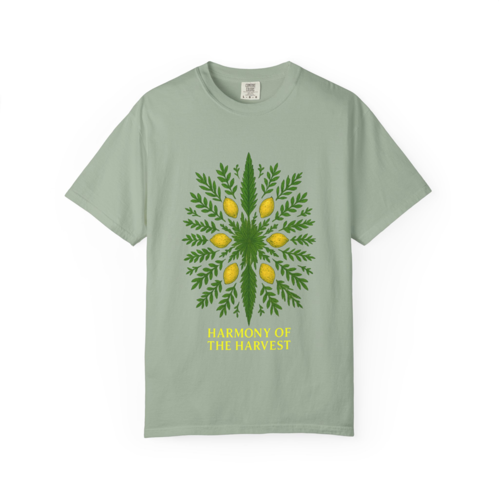 Harmony of the Harvest Sukkot shirt with Arba Minim mandala design for Feast of Tabernacles.