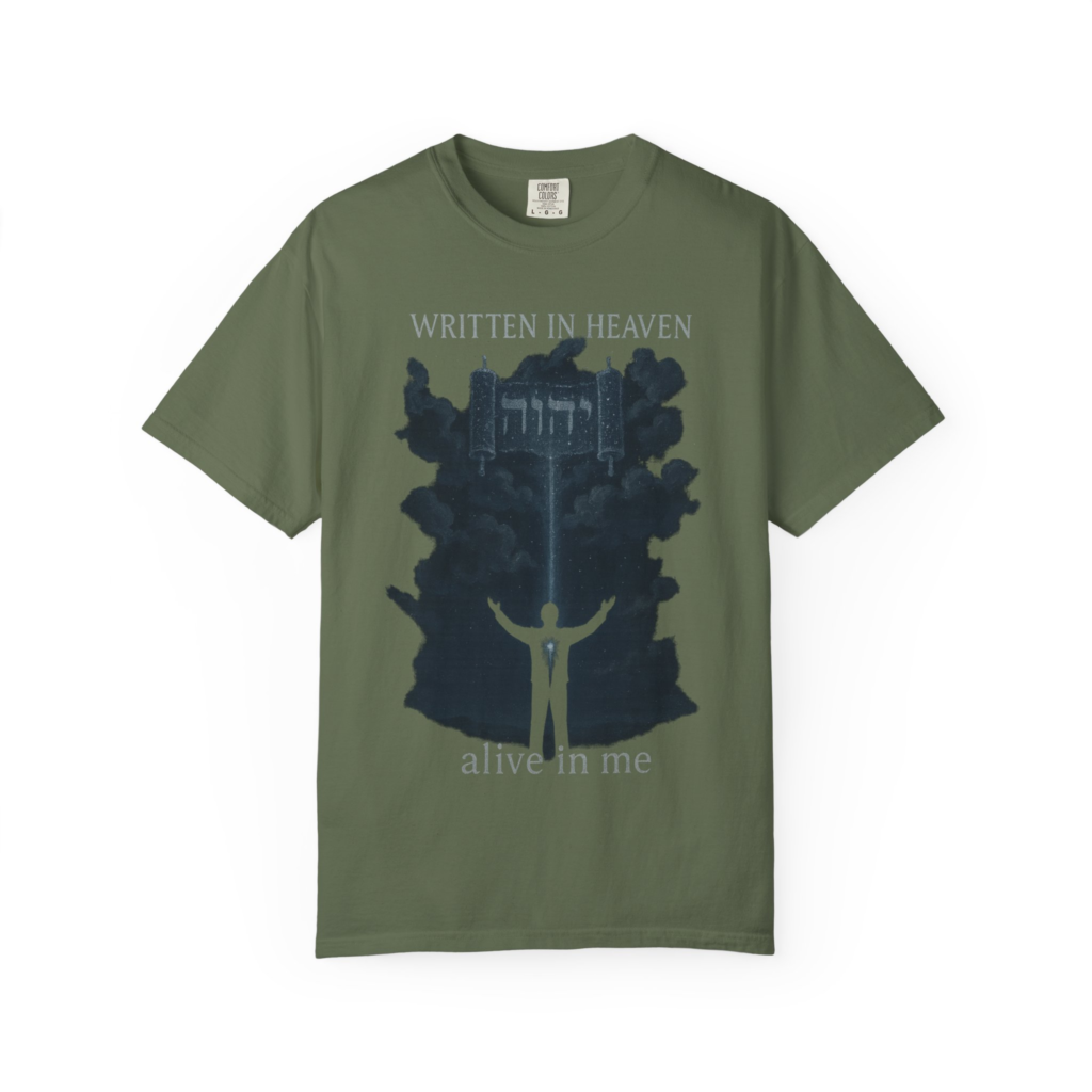 Written in Heaven Alive in Me T-shirt with night sky faith-inspired artwork.