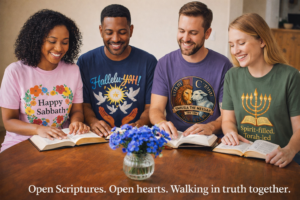 Torah observant believers studying Scripture together on Sabbath, wearing faith-based apparel, representing Hebrew Roots faith, fellowship, and walking in truth with Yahuah