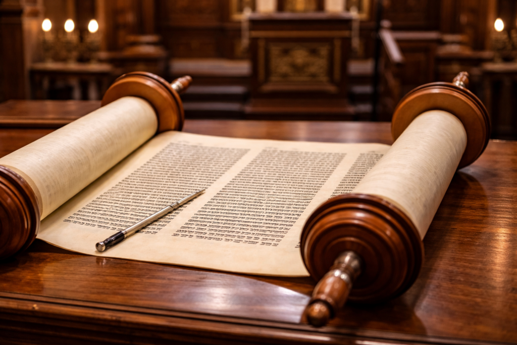 Hebrew alphabet meaning study with ancient scroll on wooden table