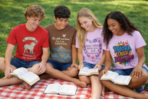 Group of young people studying scripture outdoors wearing faith-based Hebrew Roots t-shirts with Yahuah and Yahusha designs