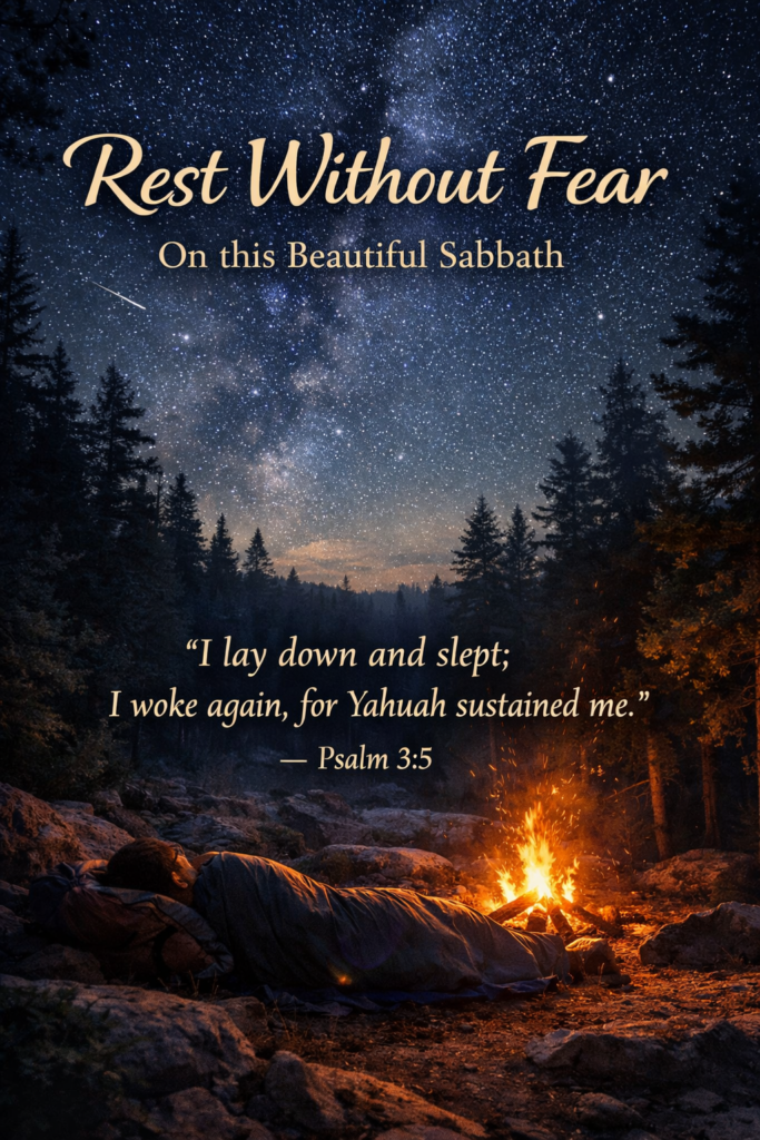 Psalm of the Day image featuring Psalm 3, peaceful nighttime forest with person resting by fire under stars, representing trust in Yahuah and restful sleep without fear
