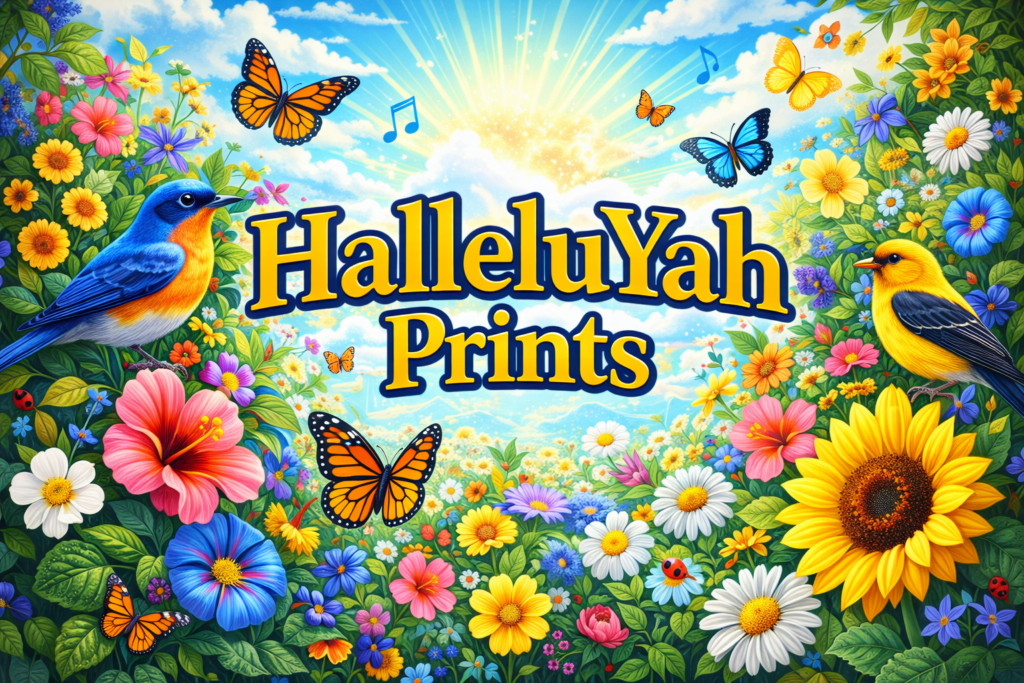 HalleluYah Prints banner with vibrant flowers, birds, and butterflies under bright sky, representing praise, creation, and Hebrew Roots faith apparel