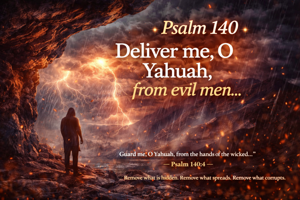 psalm 140 meaning deliver me O Yahuah storm protection from evil men dramatic lightning scene