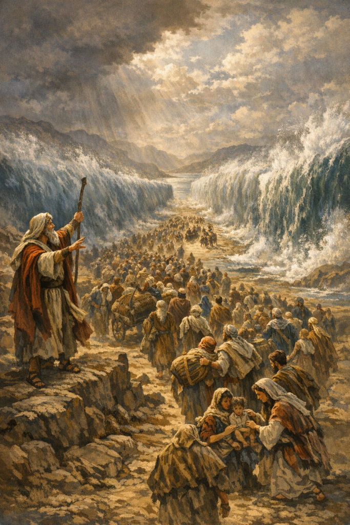 Feast of Unleavened Bread meaning illustrated by Moses parting the Red Sea as Israelites walk through on dry ground symbolizing deliverance and freedom