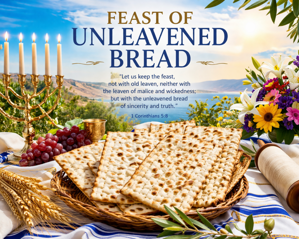 Feast of Unleavened Bread meaning with unleavened bread, menorah, grapes, and 1 Corinthians 5:8 scripture symbolizing purity and truth