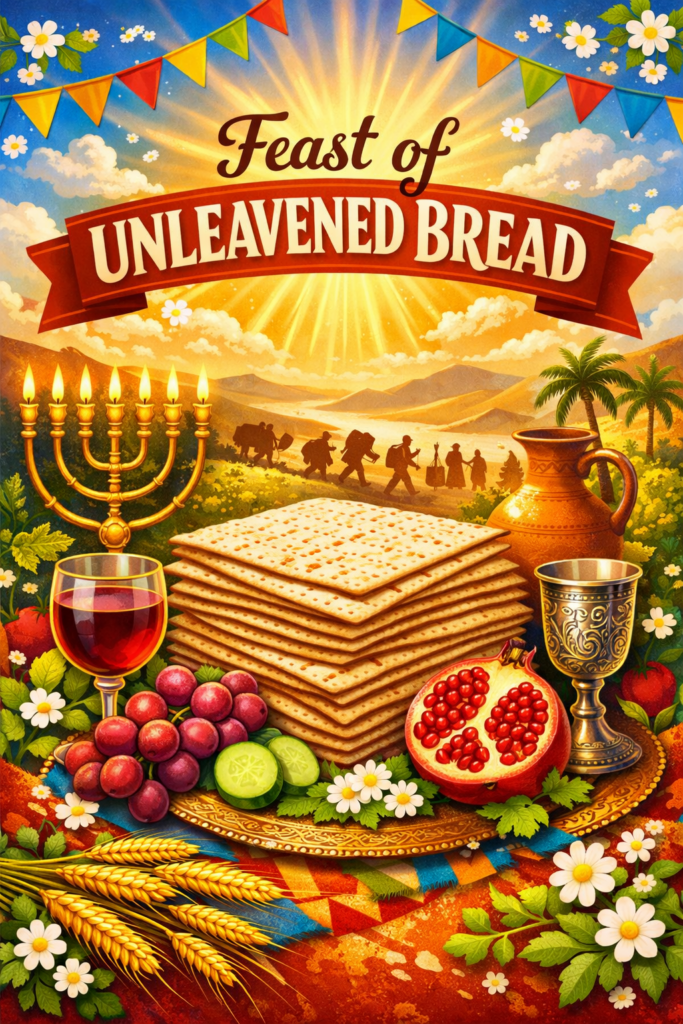 Feast of Unleavened Bread meaning with unleavened bread stack, menorah, wine, fruit, and Israelites journeying in the background symbolizing deliverance and celebration