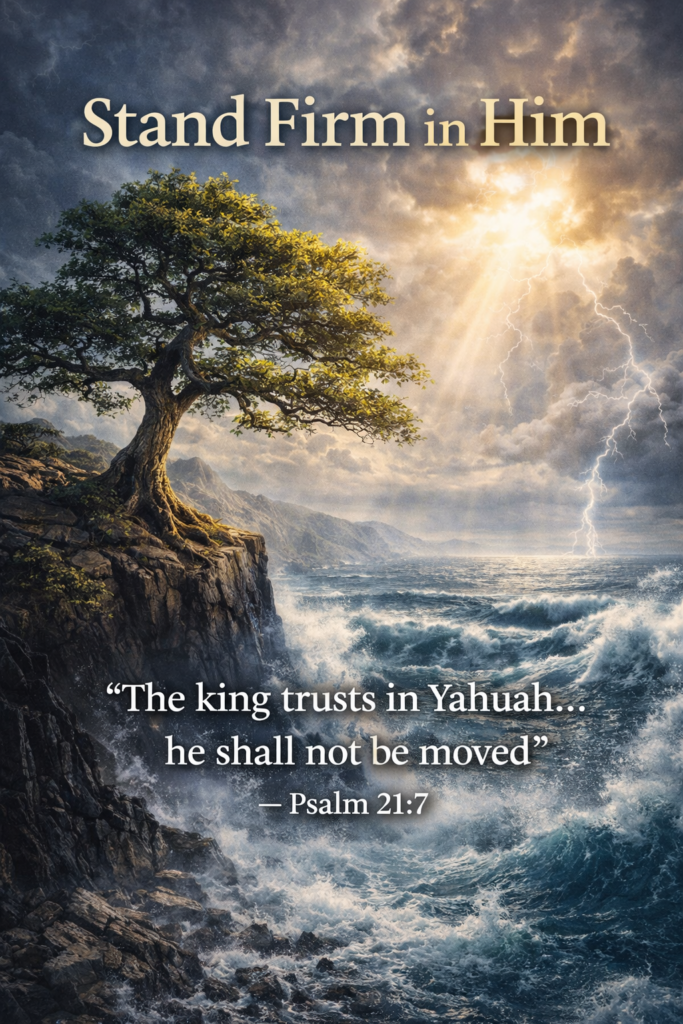 Psalm 21 meaning image showing a strong tree on a cliff in a storm representing trust in Yahuah and unshakable faith