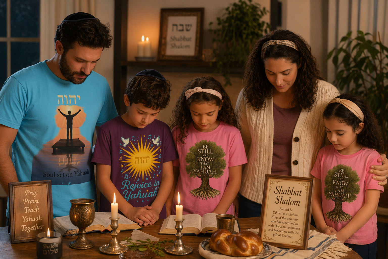 Family Shabbat worship scene with Messianic prayers and blessings, candles lit and scriptures open, wearing Yahuah faith shirts