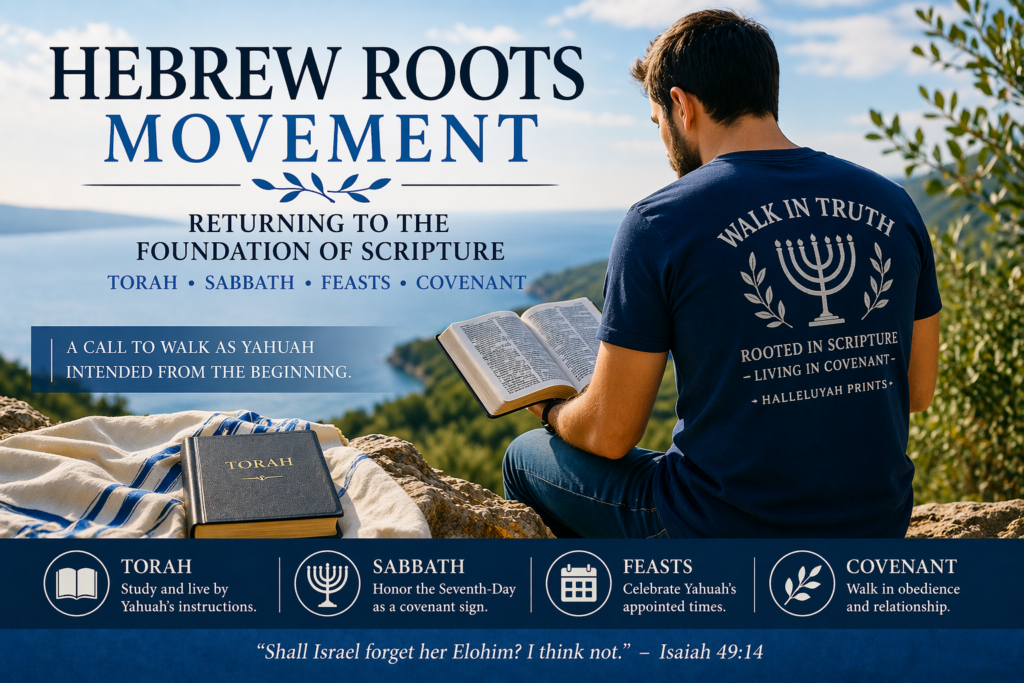 Man wearing Hebrew Roots Movement shirt reading Scripture outdoors