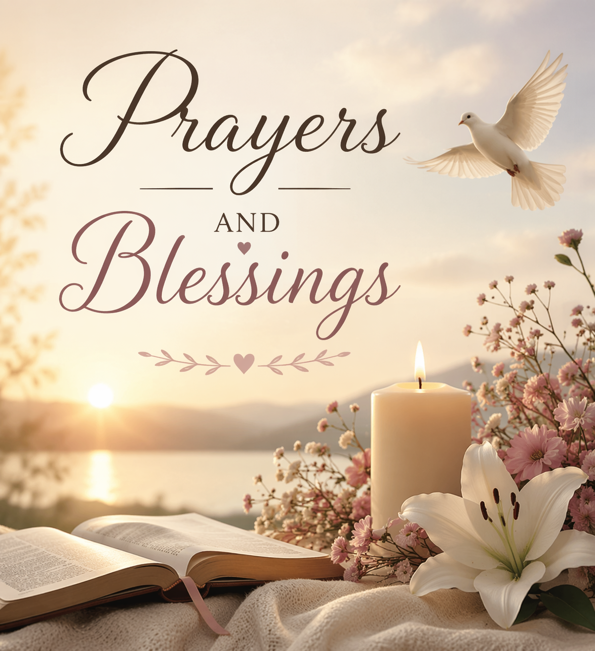 Messianic prayers and blessings image with open Bible, candle, flowers, and dove at sunrise over a peaceful lake